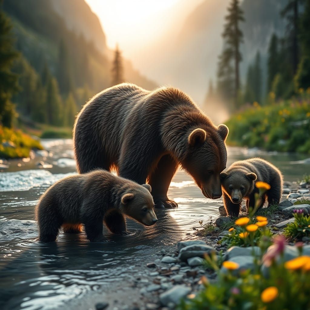 Mother Bear and Cubs in Mountain Landscape