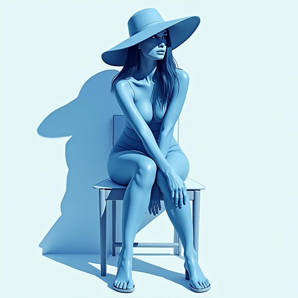 Monochromatic Blue Illustration of Woman in Hat