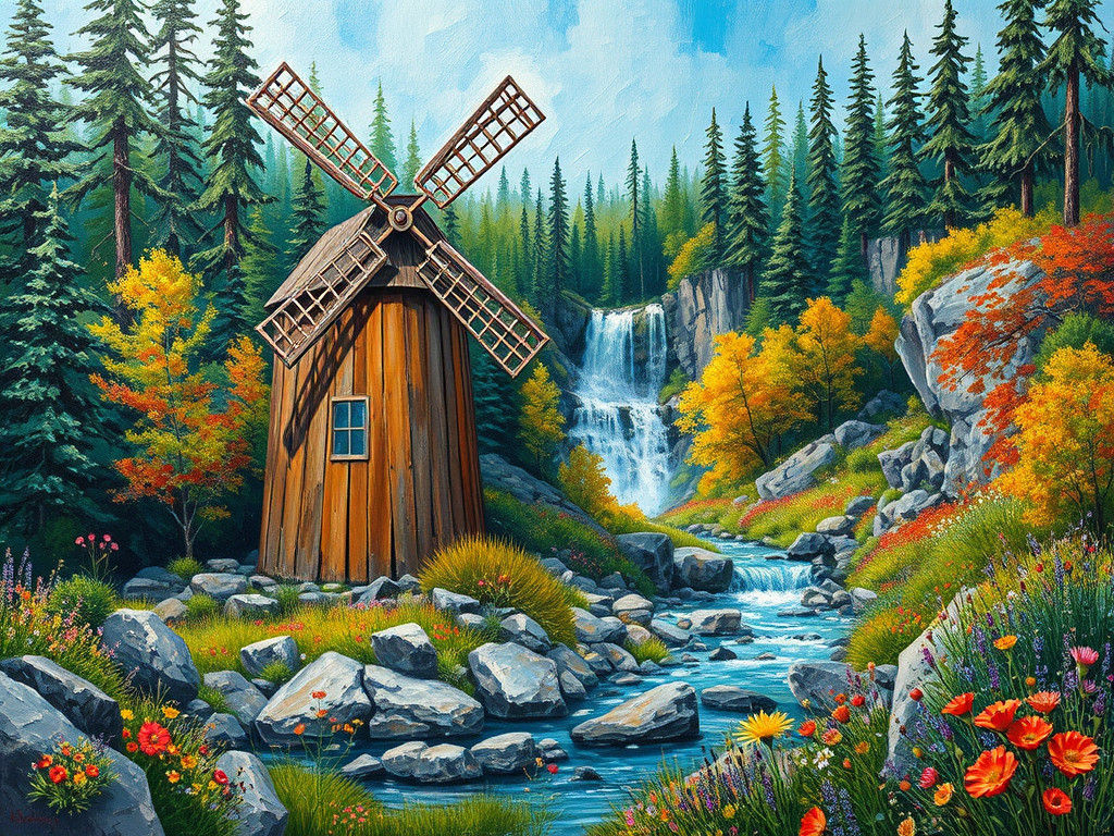 Whimsical Windmill: Abstract Acrylic Painting
