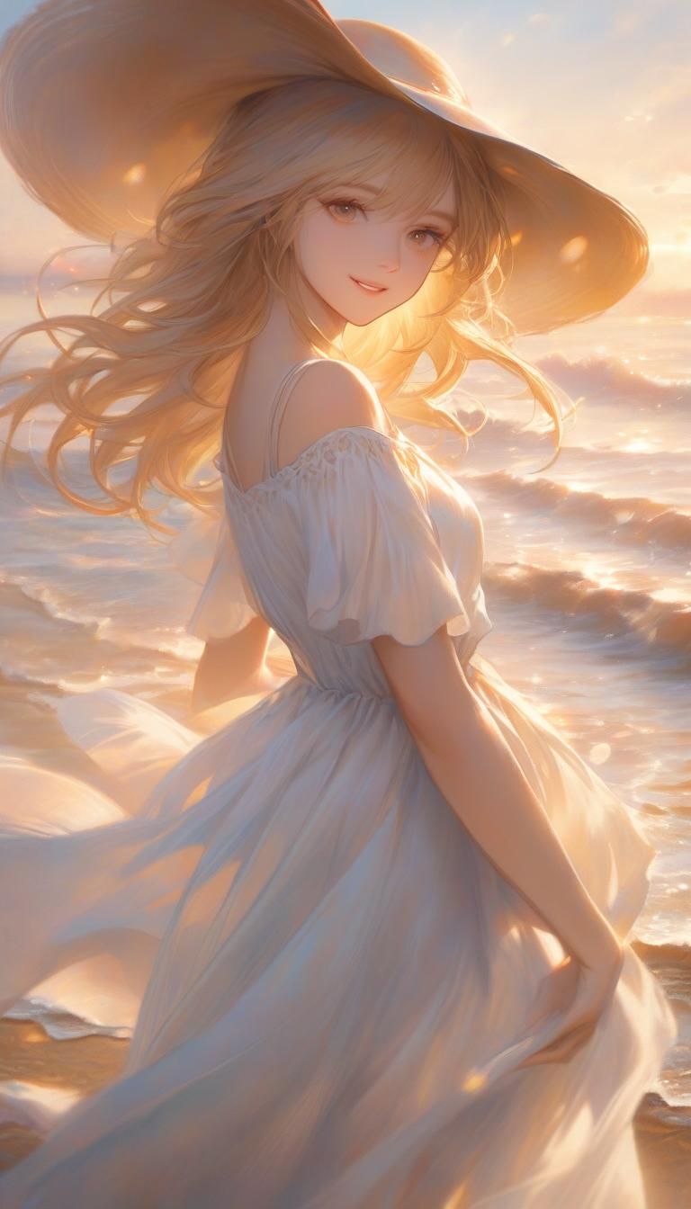 Impressionist Girl Portrait at Serene Sea Shore