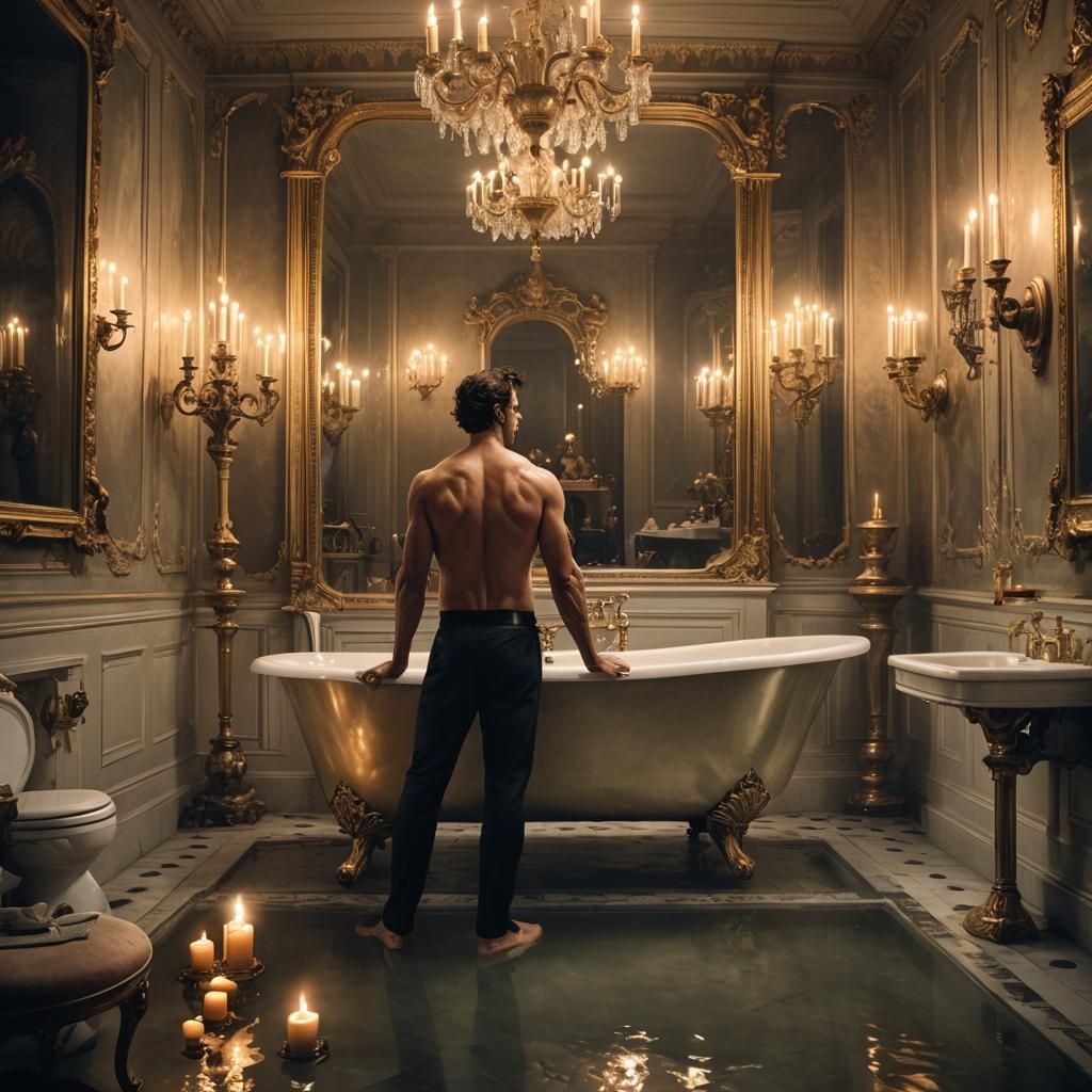 Victorian Bathroom with Man at Clawfoot Tub