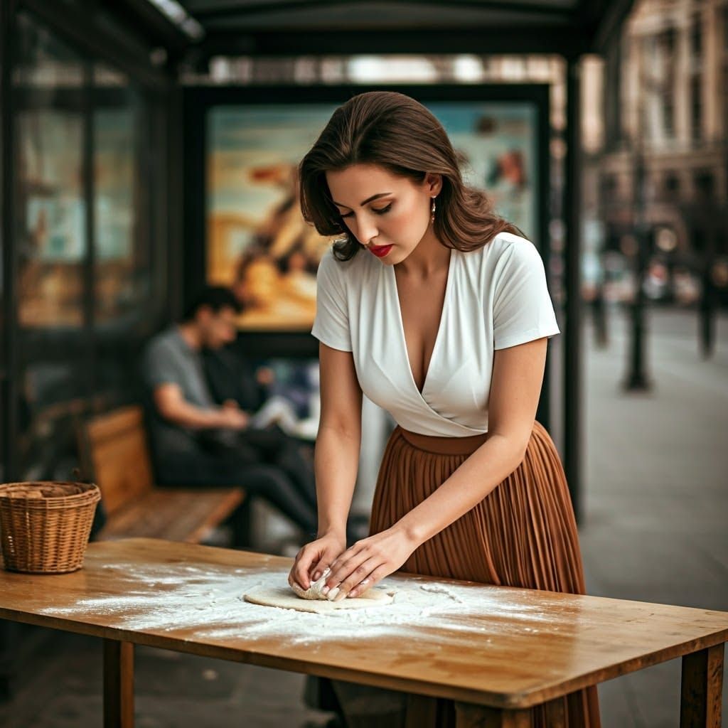 Elegant Woman Kneading Dough at a Bus Stop in Photorealistic...