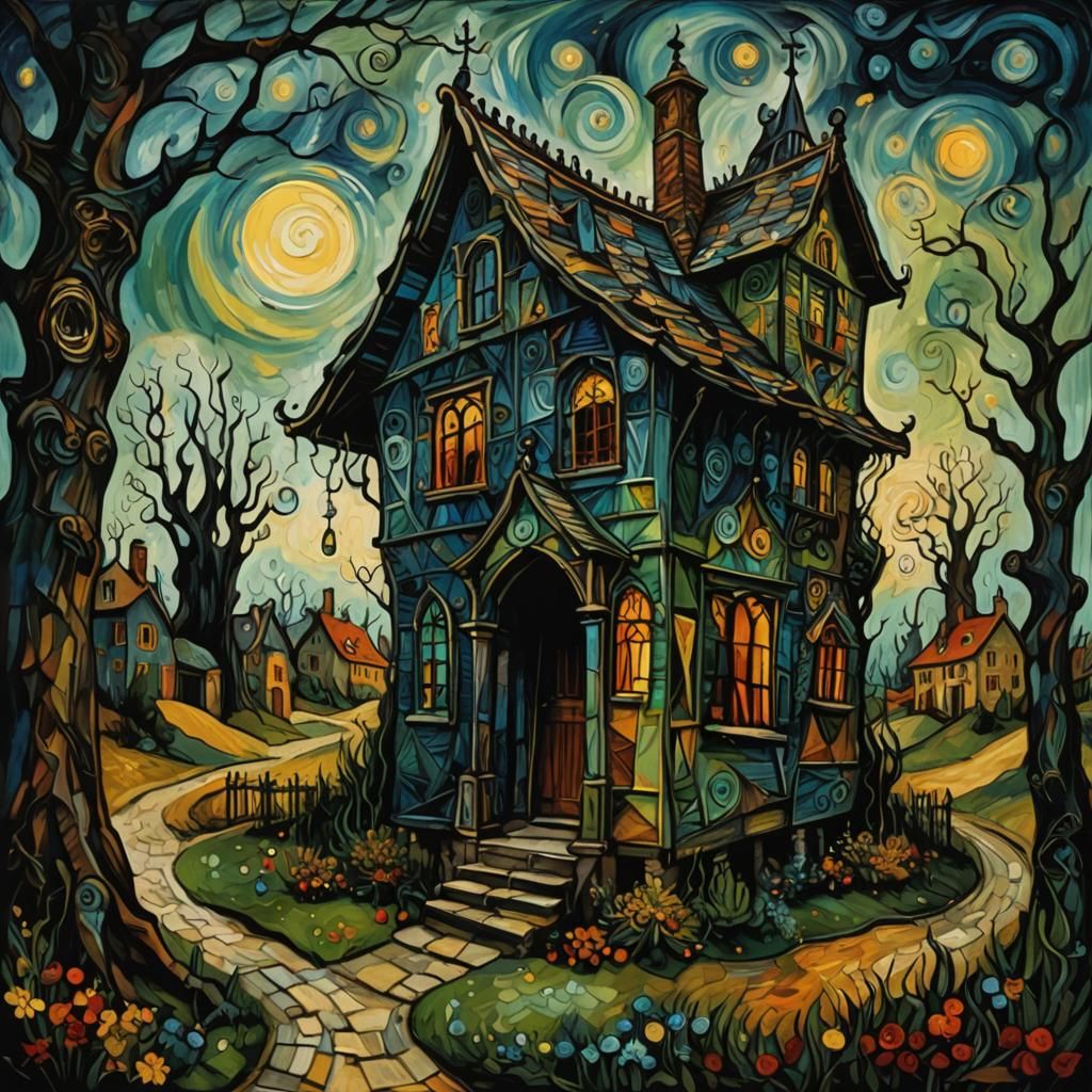 Gothic House with Golden Eyes: Surreal Art
