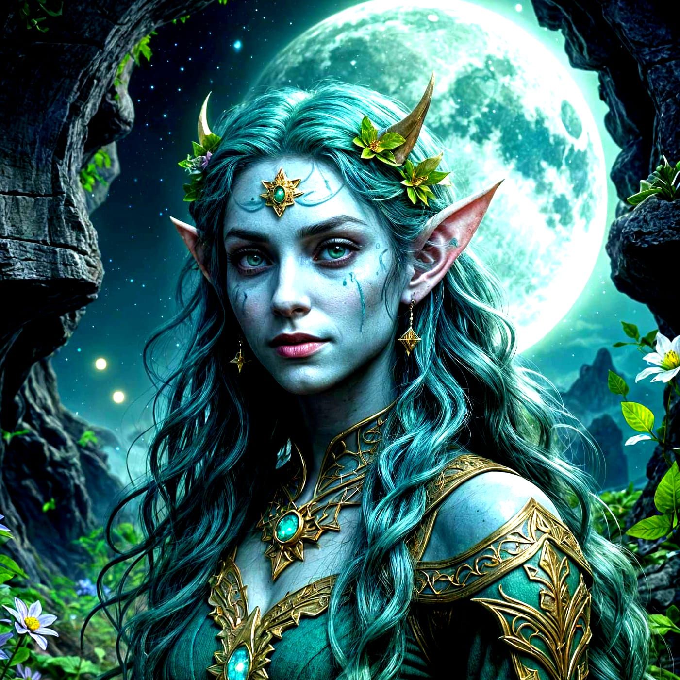An elf with pointed ears, blue skin and long curly green hai...