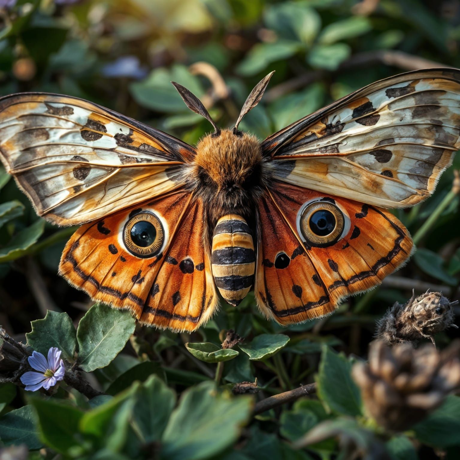 Moth with Wing Eyes Amidst Foliage