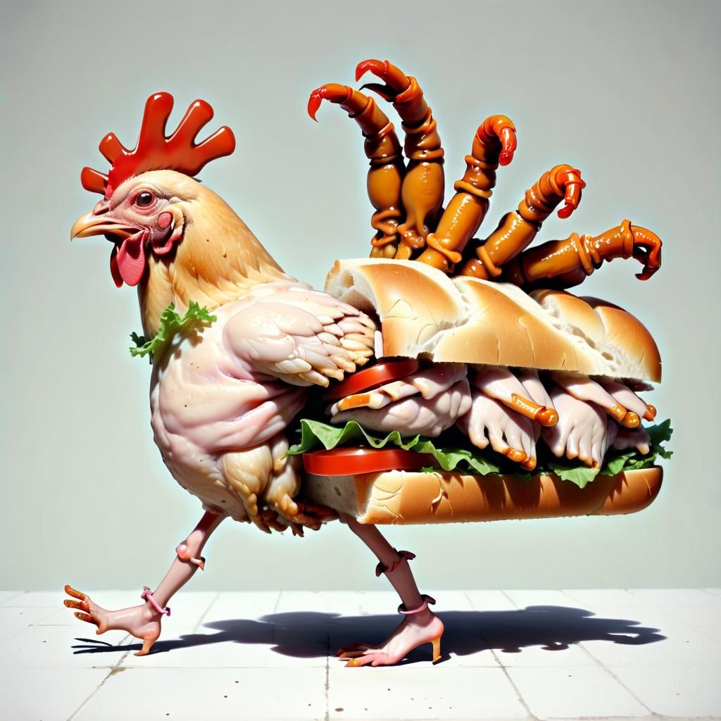 Surreal Walking Chicken Sandwich Illustration