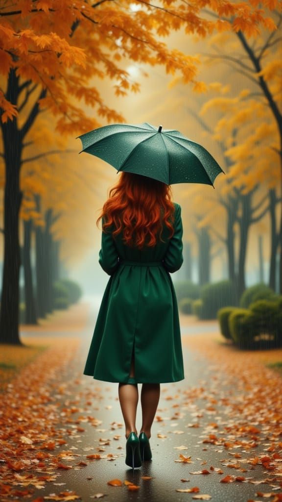 Woman Strolls Through Autumn Park in Gentle Rainfall