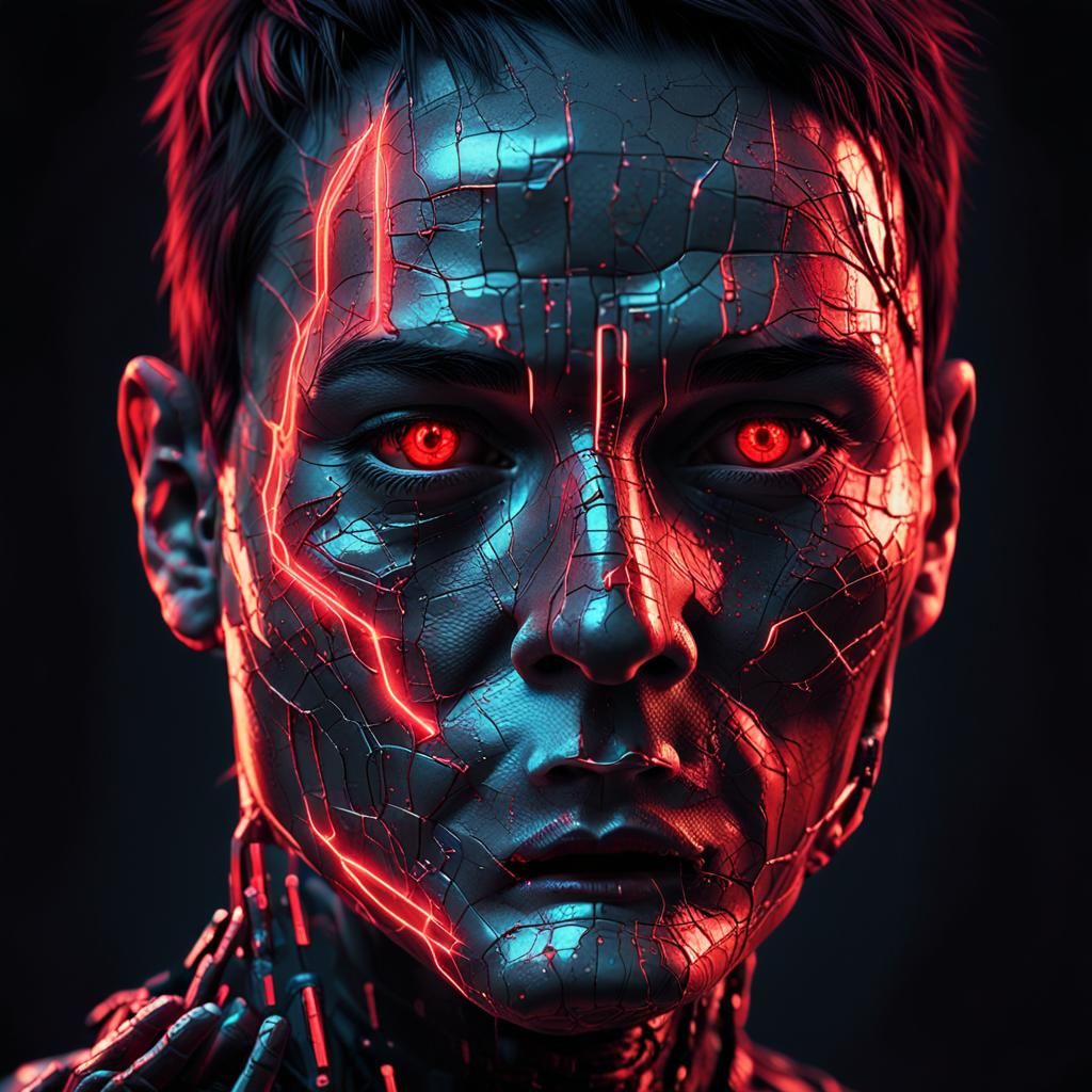 Cyberpunk Human-AI Hybrid with Crimson Eye