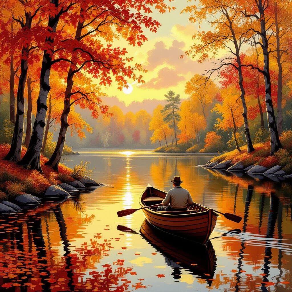 Peaceful Autumn Lake Landscape with Rowboat