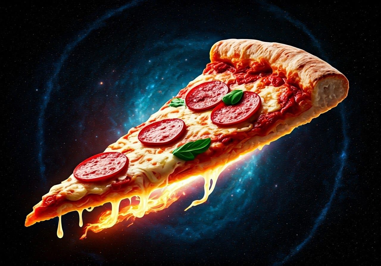 Pizza Spaceship's Interstellar Journey in Sci-Fi Art Style
