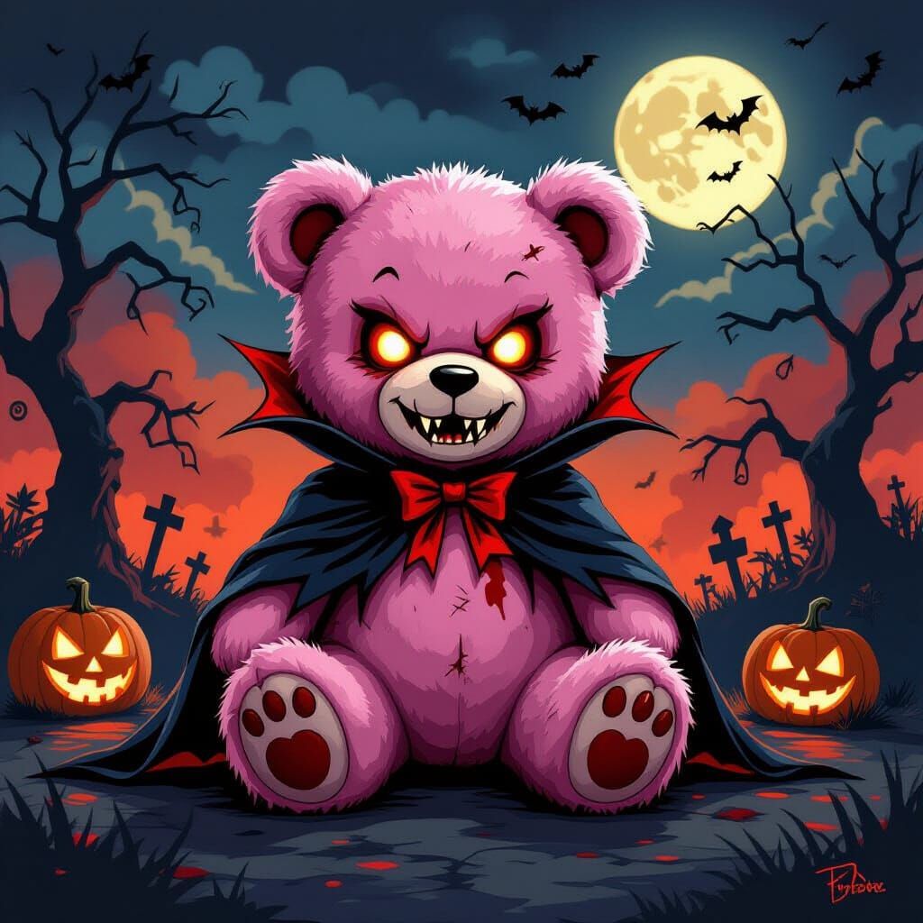 Menacing Pink Teddy Bear Vampire in Gothic Halloween Scene