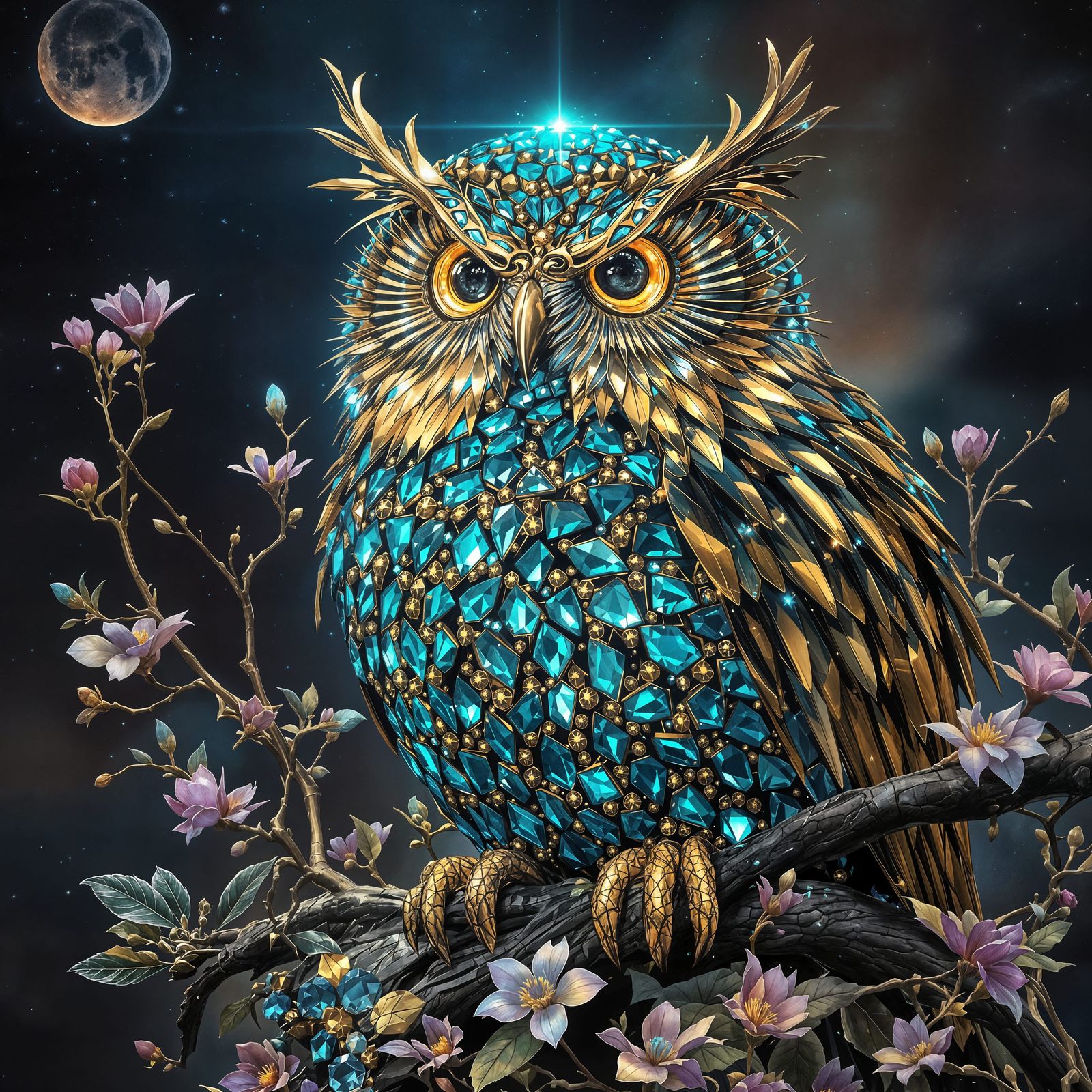 Ethereal Metallic Owl in Turquoise Crystal
