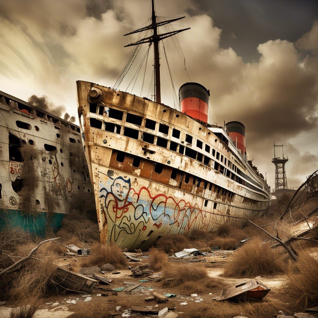 Queen Mary Shipwreck in Post-Apocalyptic Wasteland