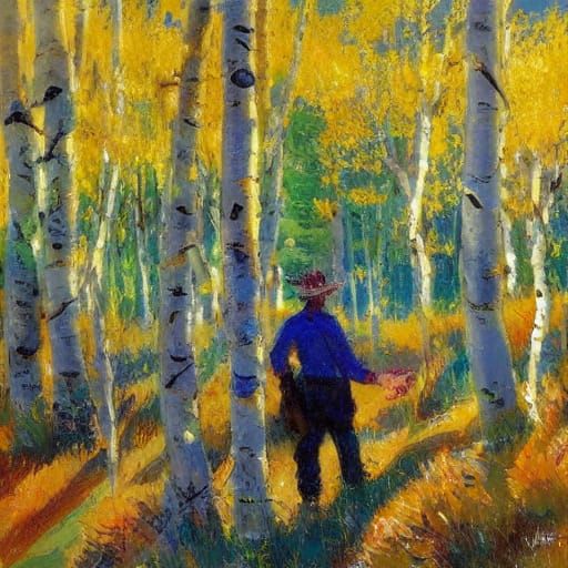 Impressionist Painting of Man in Aspen Grove at Golden Hour