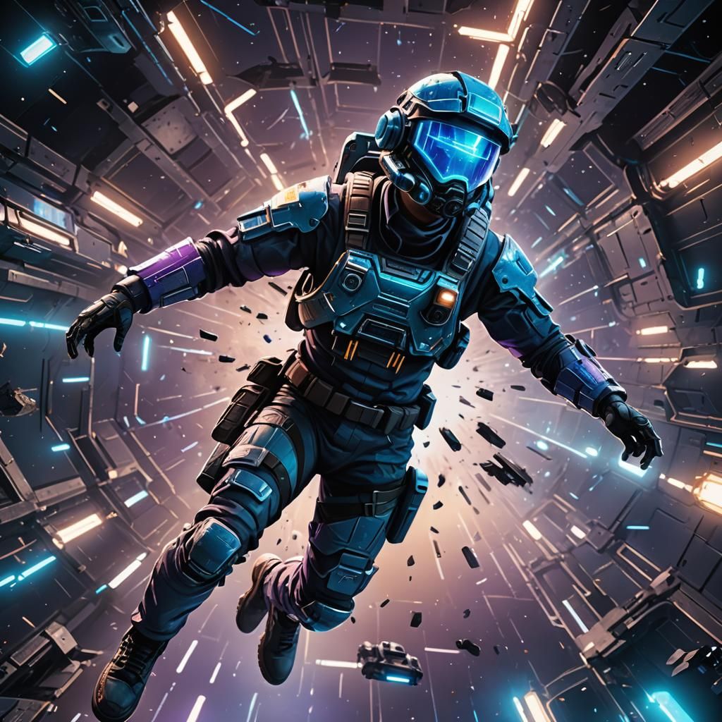 Futuristic PUBG Soldier in Zero Gravity, Anime Style