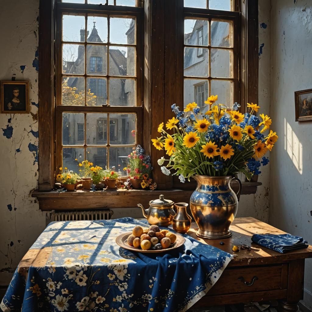 Dried Flowers in Delft Blue, Hyperrealist Still Life
