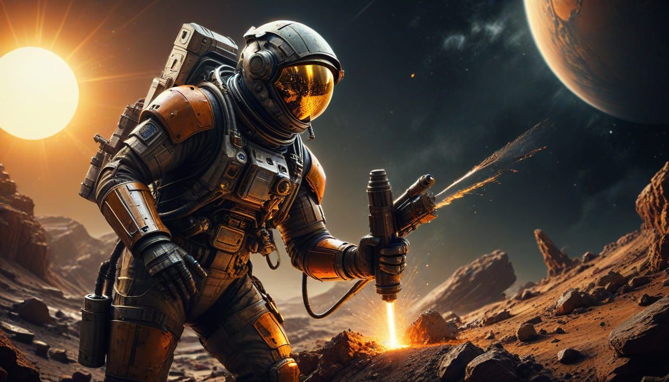 Gritty Steampunk Space Suit Driller in Industrial Landscape