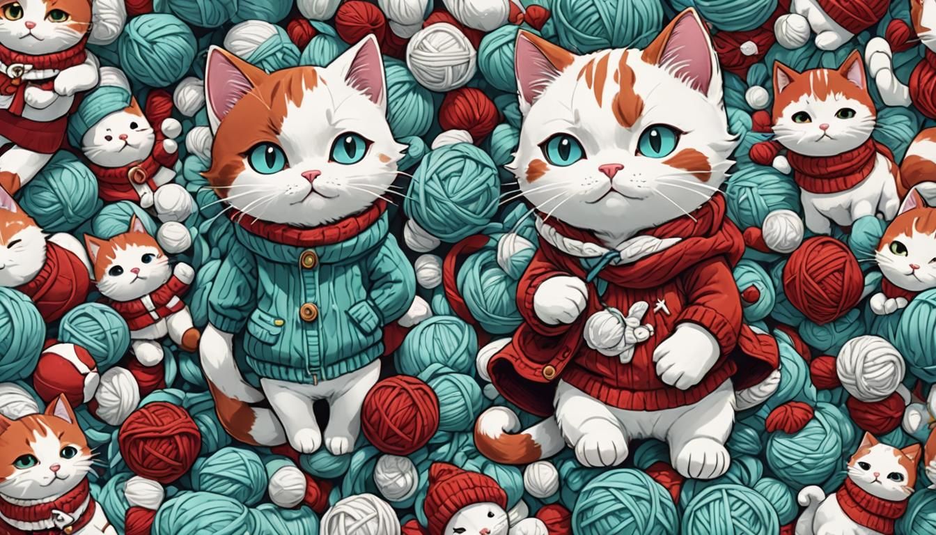 Cute Cartoon Cat Knitting: Anime Manga Style