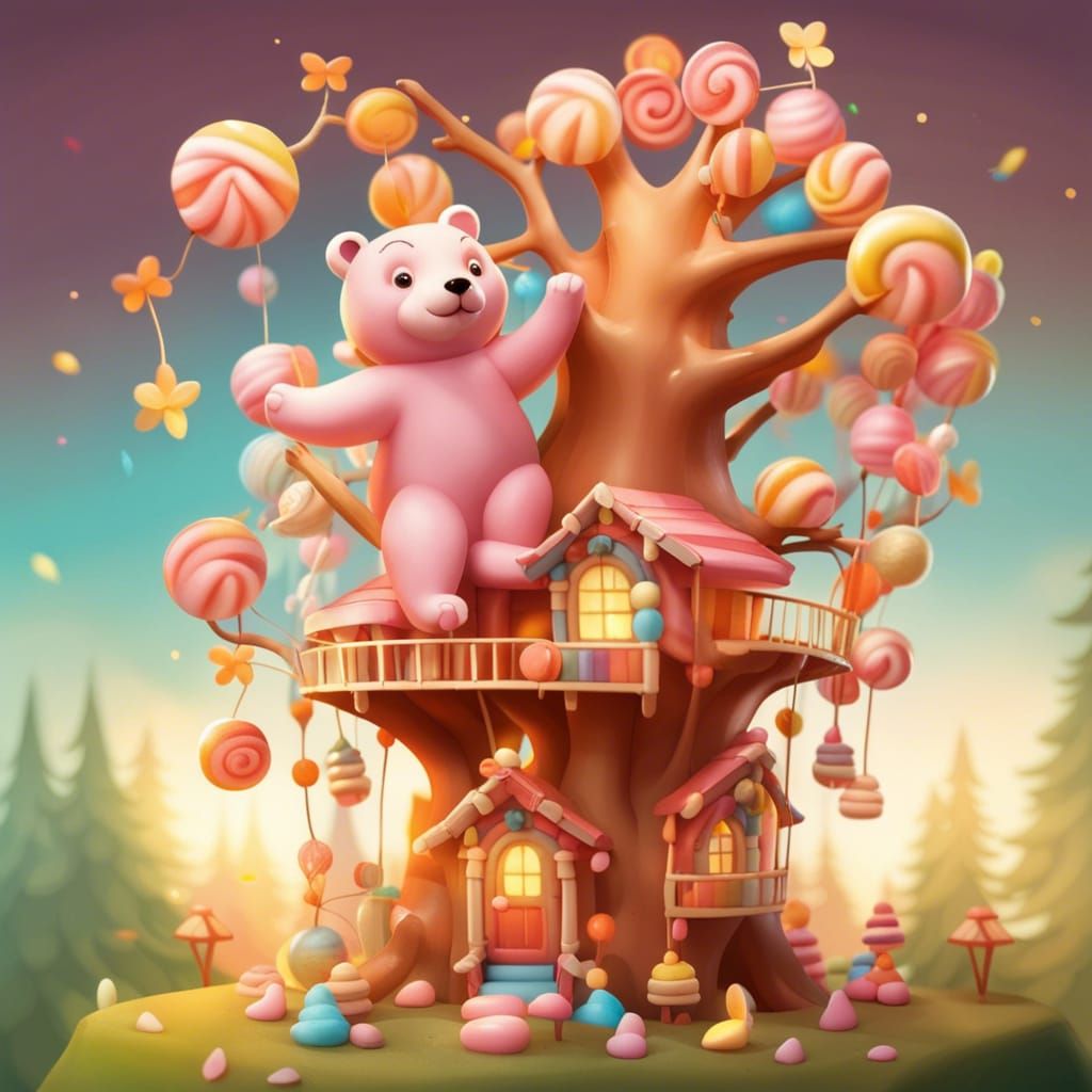 Dancing Bear and Candy Tree House in Forest