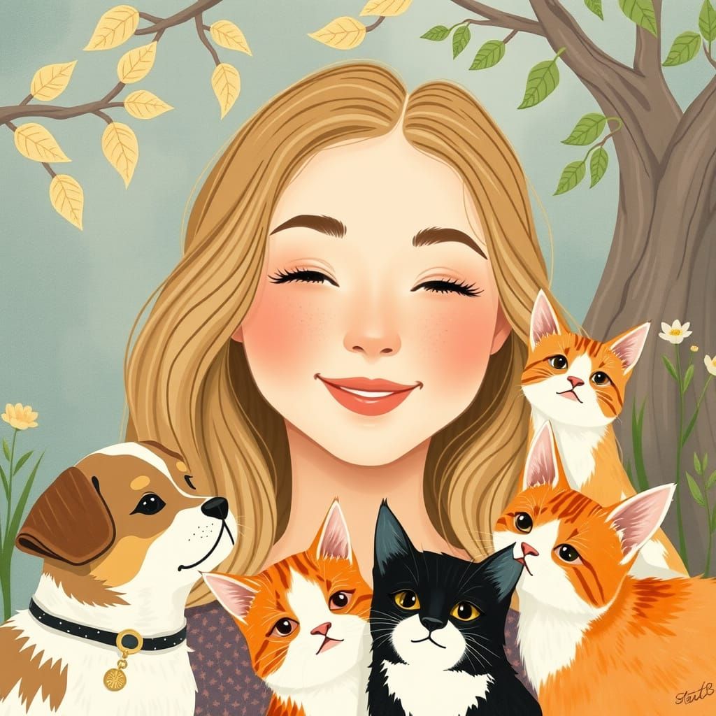 Whimsical Gentlewoman Surrounded by Loyal Companions