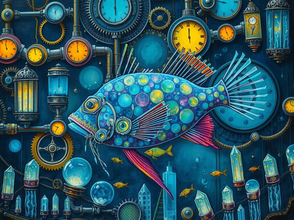 Steampunk Anglerfish in Bioluminescent City: Neo-Impressioni...