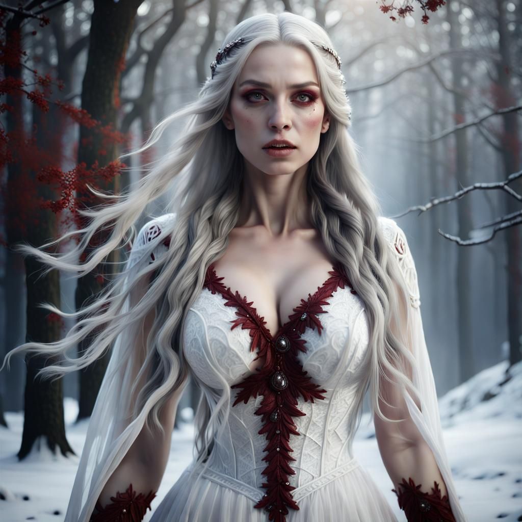 Gothic Woman in Falling Snow, Detailed Matte Painting