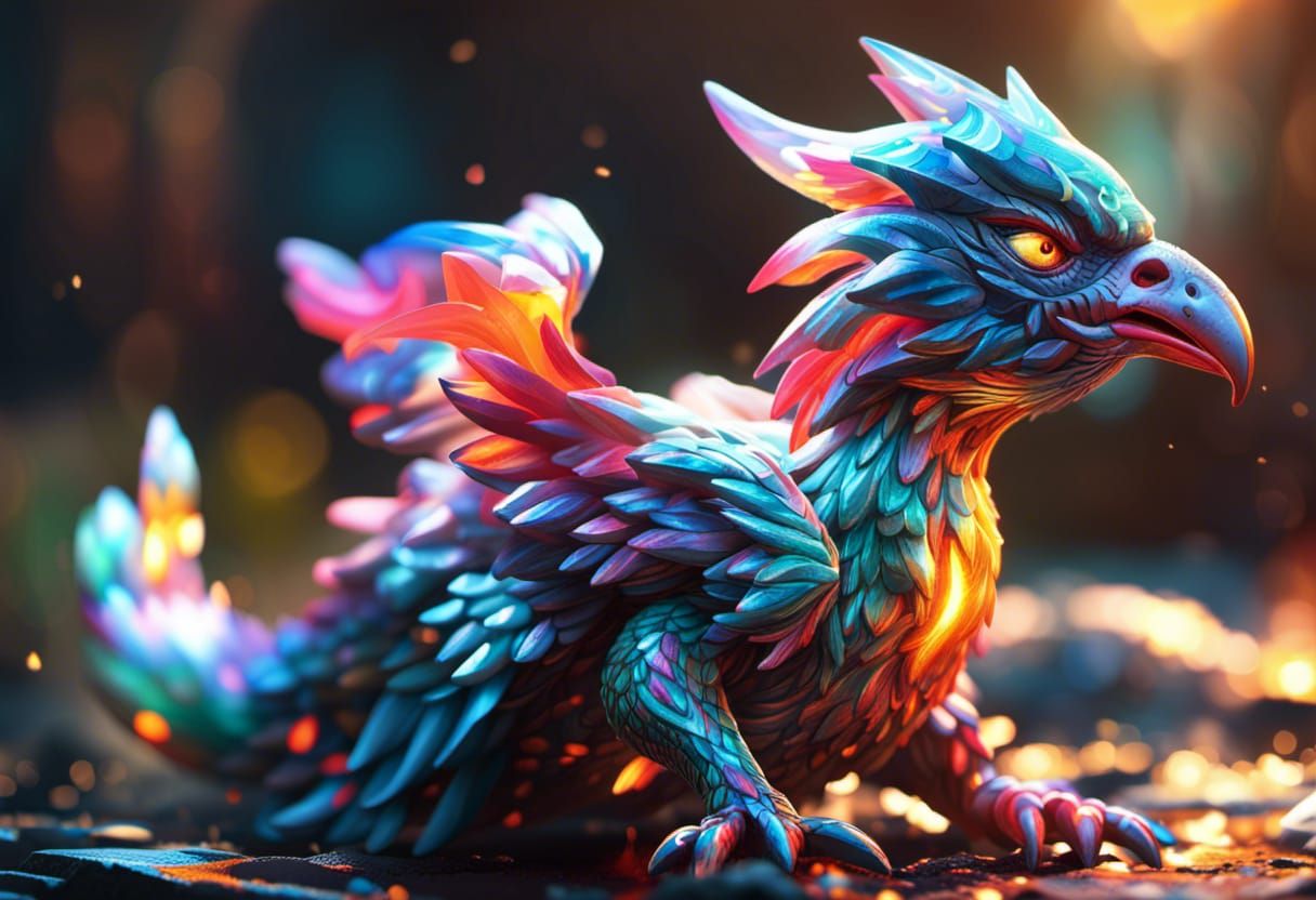 Hyperrealistic Crystal Phoenix in Colorful Fire