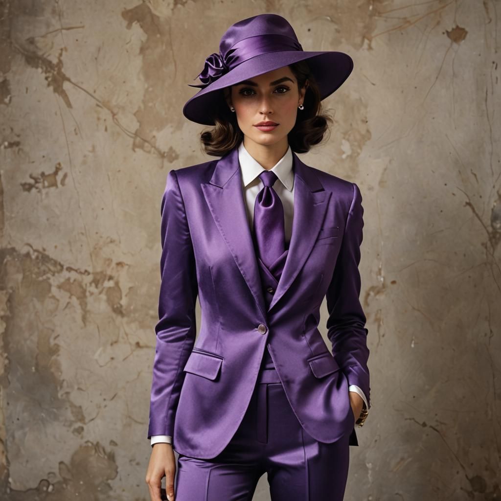Elegant Italian Woman in Purple Satin Suit