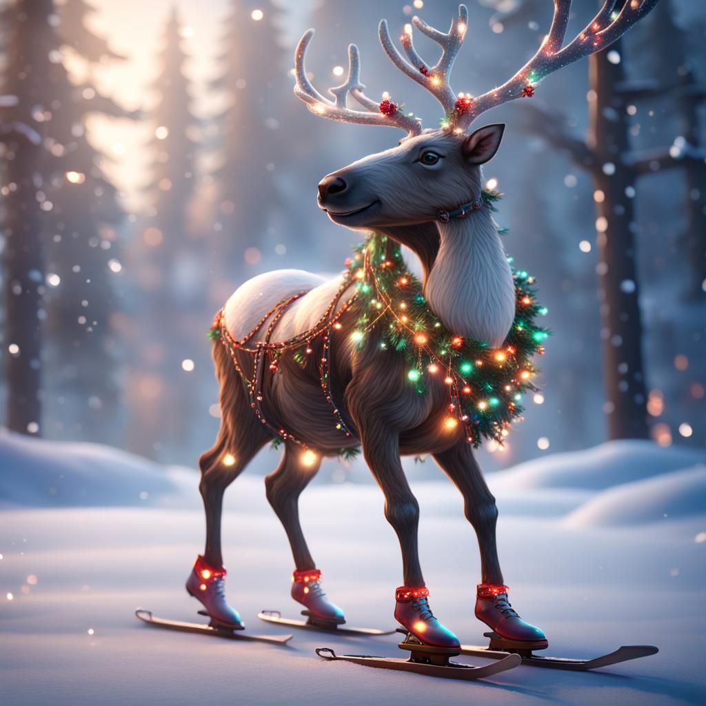 Illuminated Reindeer on Ice: Digital Fantasy Art