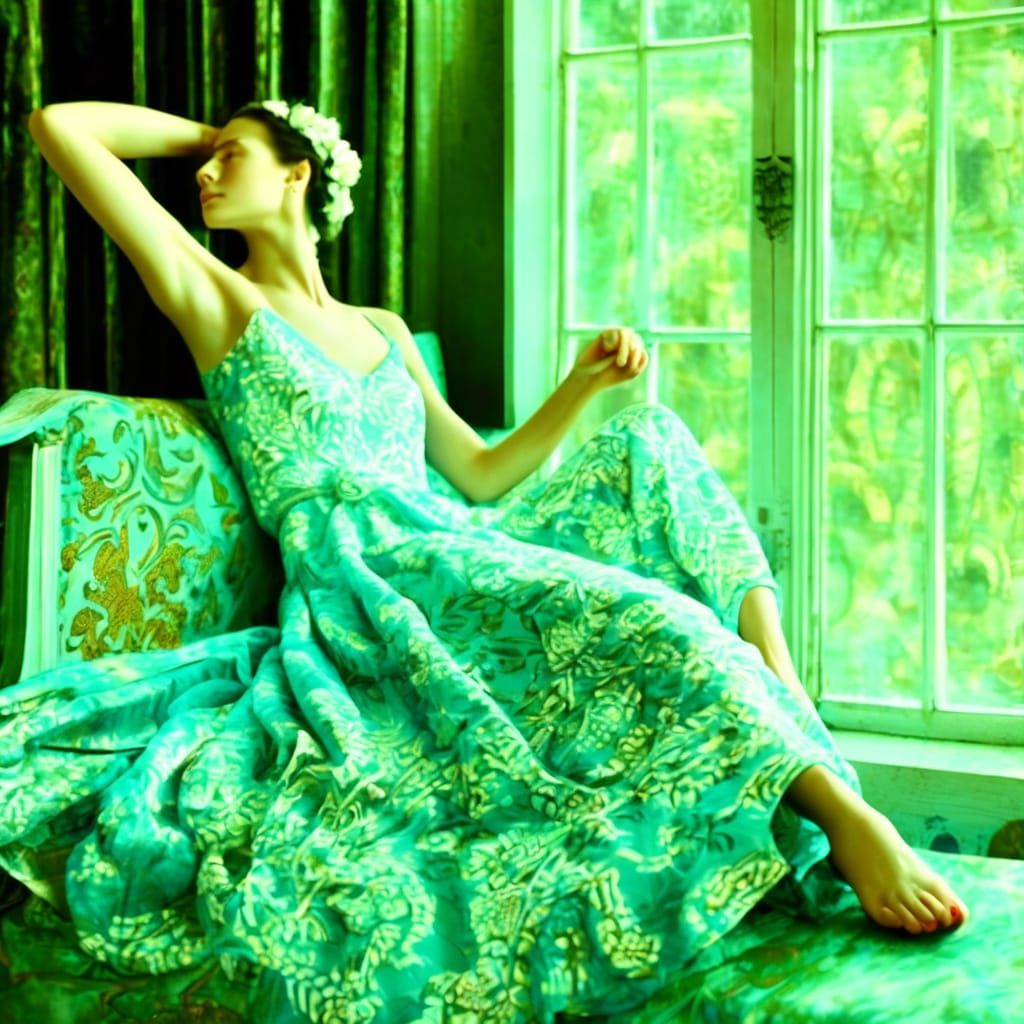 Elegant Woman Relaxing in Luxury Greek-Inspired Living Room