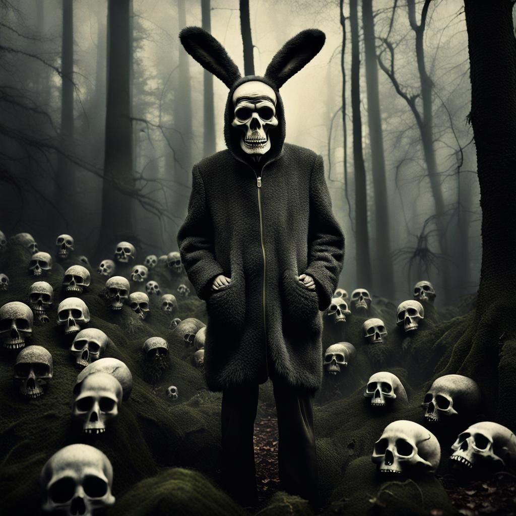 Confused Man in Skull Forest: Vintage Photo