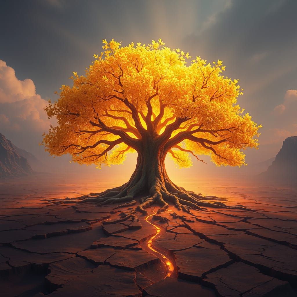 Ethereal Tree Blossoms from Fissured Terrain in Honey-Gold