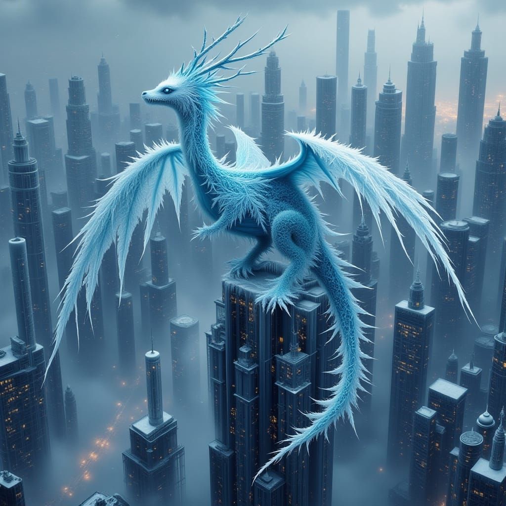 Majestic Ice Dragon Perches on Futuristic Skyscraper