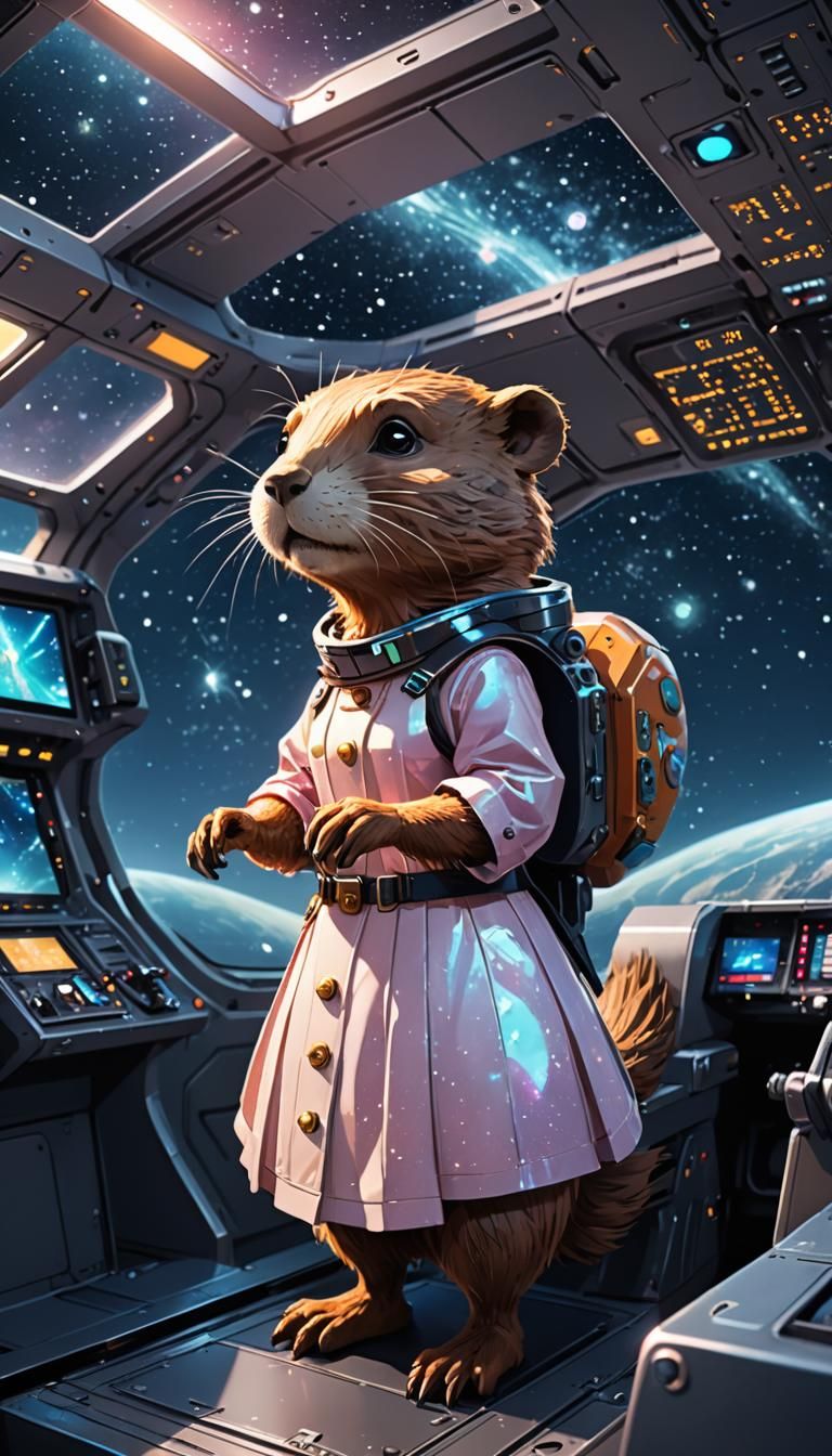 Anime Beaver Pilot in Spaceship Cockpit