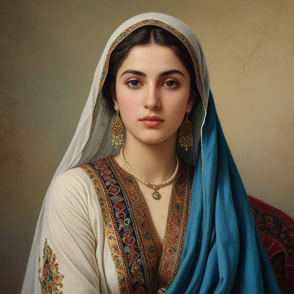 Oil Painting Portrait of Azerbaijani Woman in Traditional At...