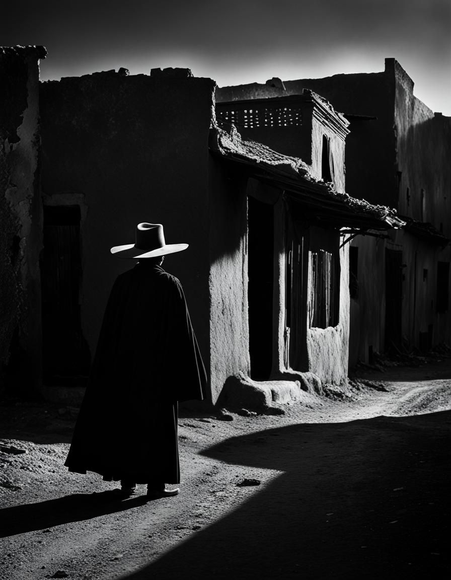 Sinister Silhouette in Mexican Village, Black and White Phot...