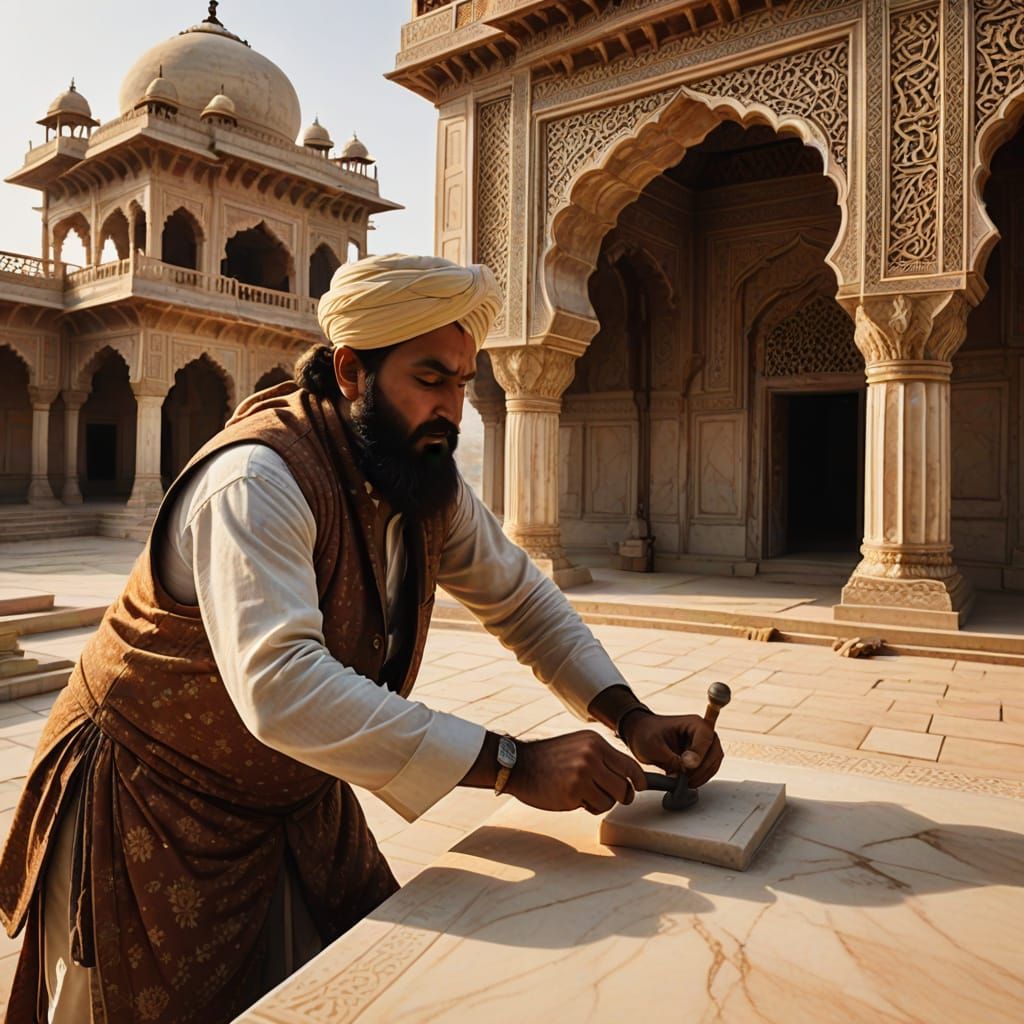 A Laborer's Hands Craft the Taj Mahal in 17th Century Mughal...