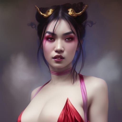 Asian Vampire Portrait with Epic Painting, Hyperdetailed Art