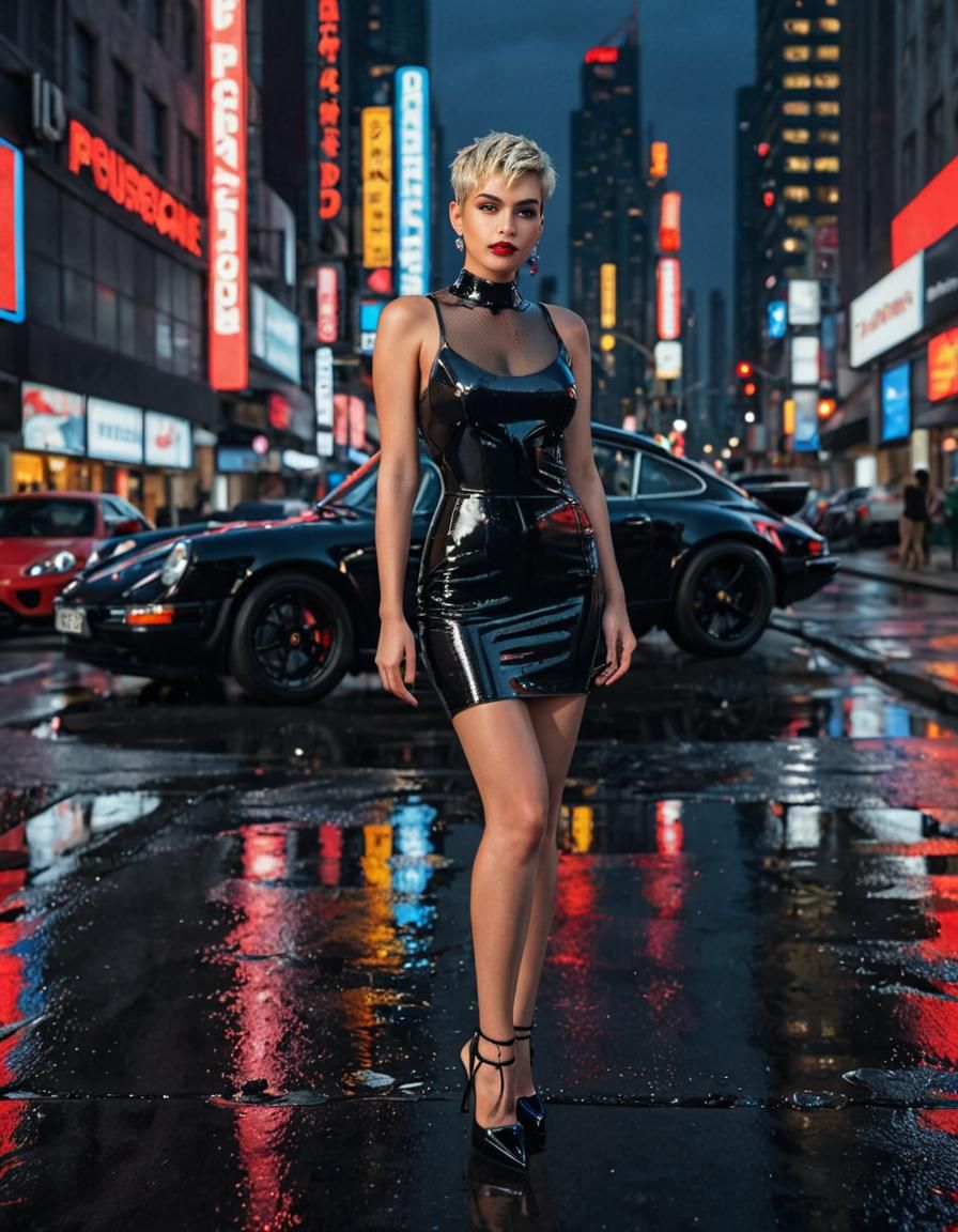 Neon Cityscape with Porsche in Retro Anime Style