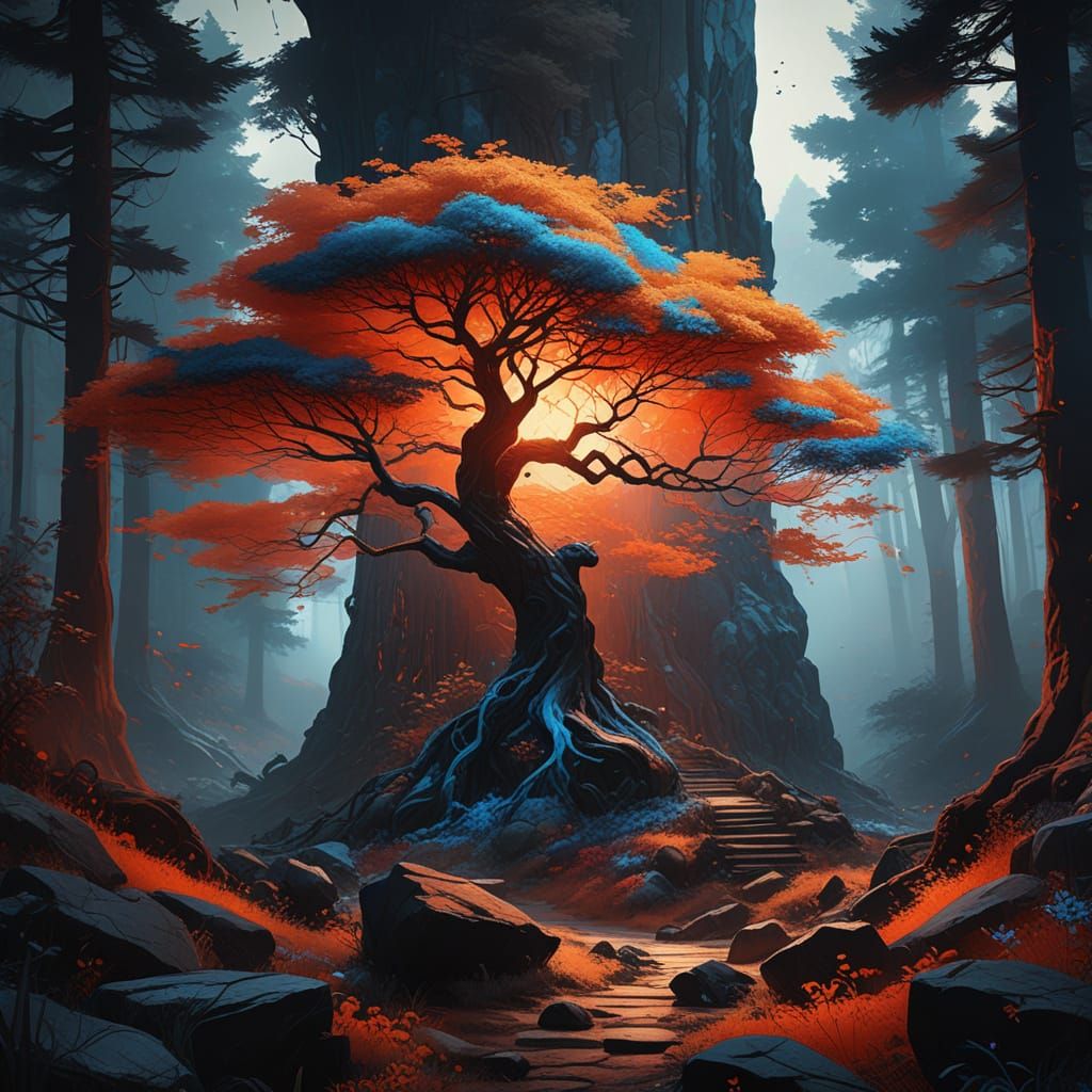 Mystical Tree Portrait with Pop Art Illustration