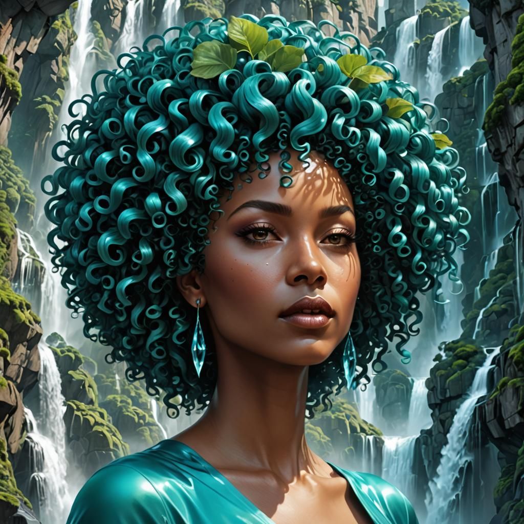 Teal Afro Woman with Waterfalls: Psychedelic Concept Art