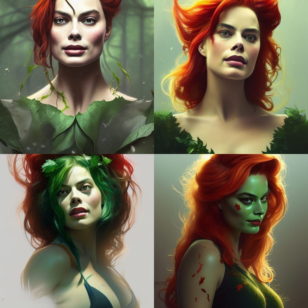 Margot Robbie Sarah Silverman as poison Ivy head and shoulders portrait, 8k resolution concept art portrait by Greg Rutk...