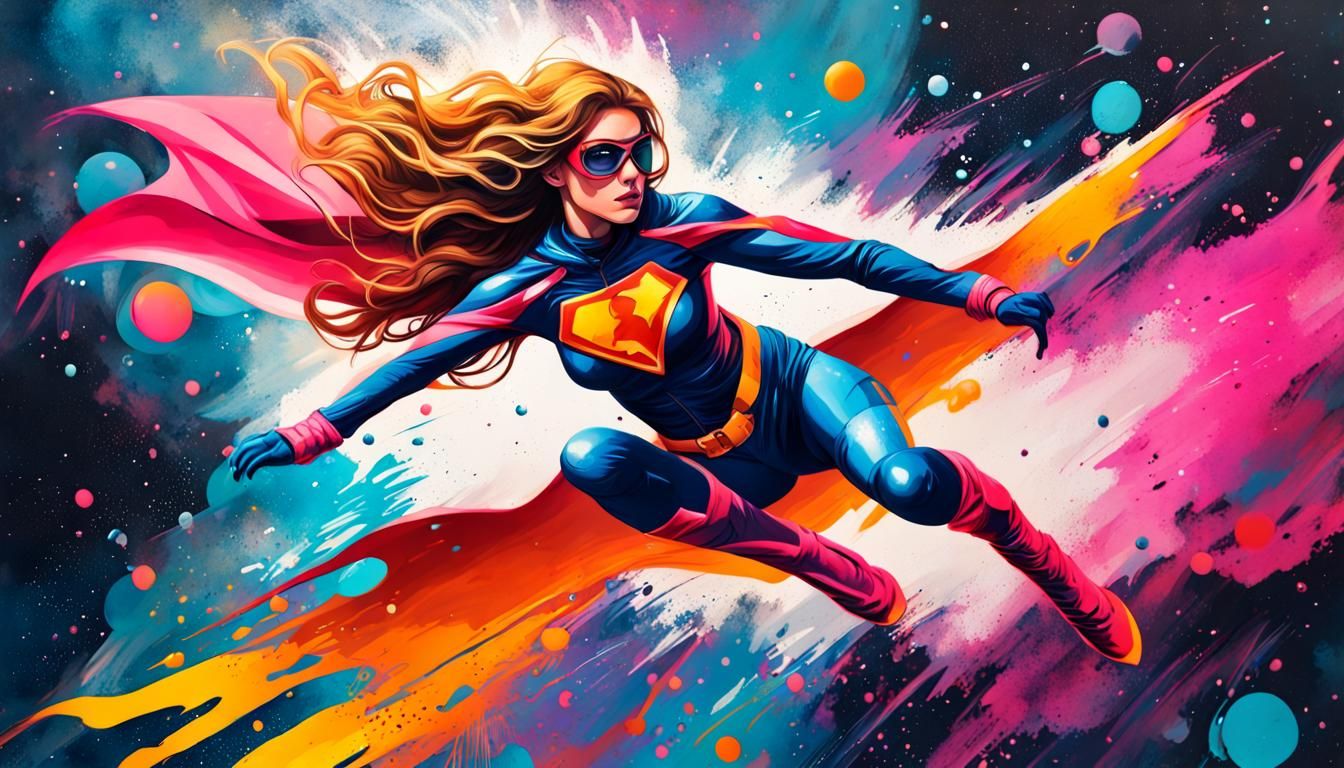 Superheroine Flies in Space Graffiti Art