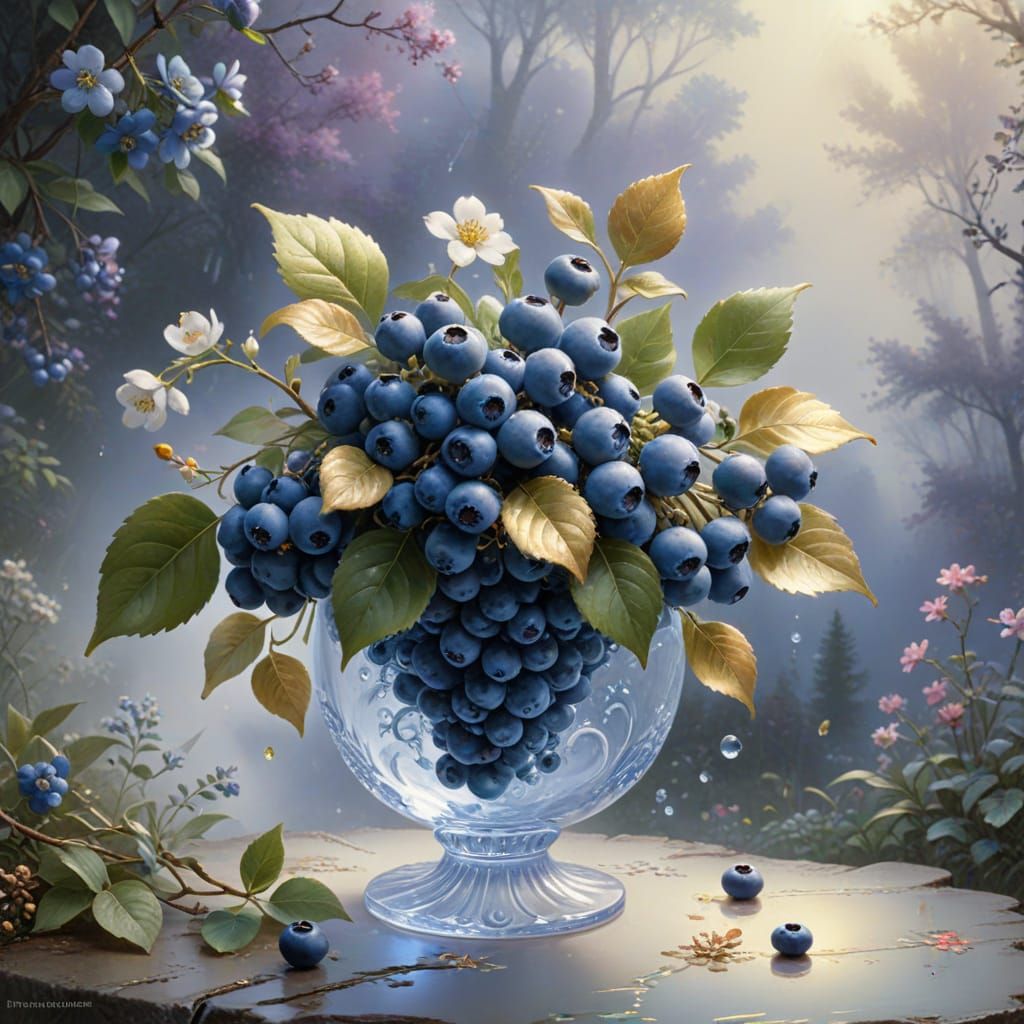 Ethereal Crystal Blueberry Cluster with Golden Swirls