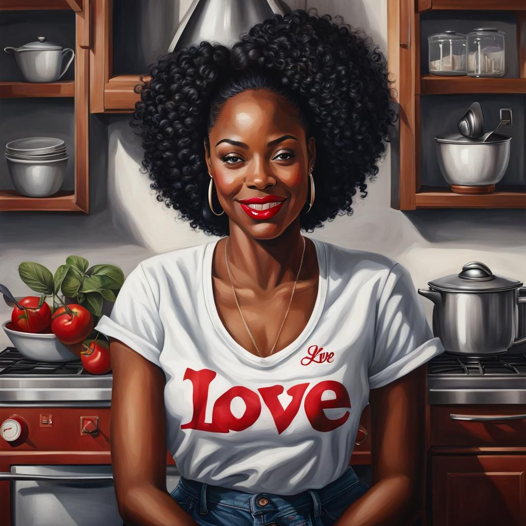 Hyperrealistic Portrait of Woman in Kitchen with Love Shirt
