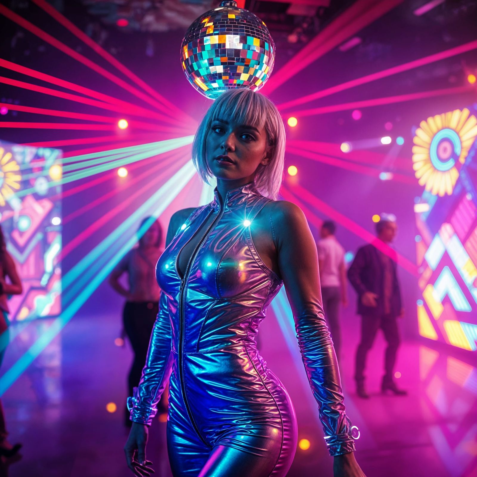 Futuristic Disco Party with White-Haired Woman