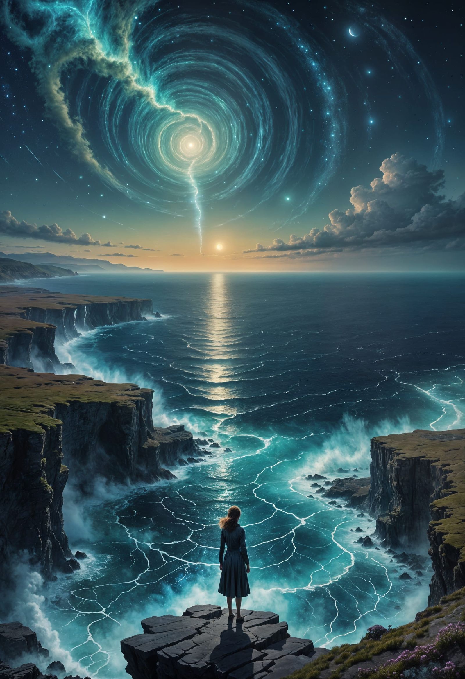 Woman on Cliff Overlooking Alien Ocean with Twin Moons