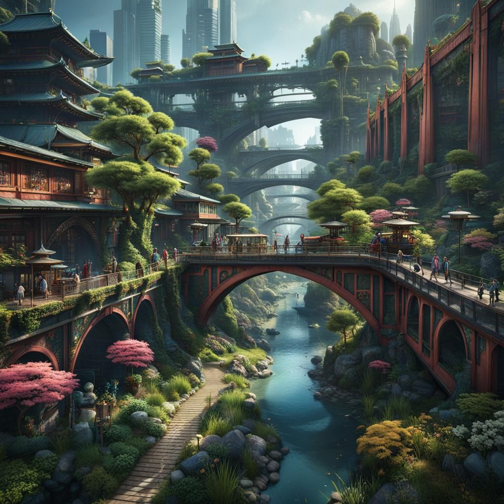 Futuristic Oriental Cityscape with Retro Elements