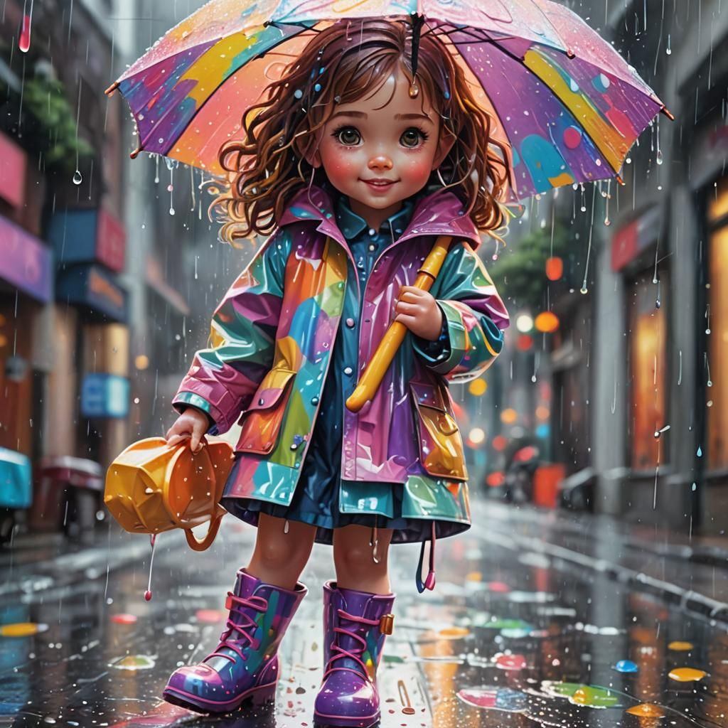 Little Girl Playing in the Rain: Candy Art Style
