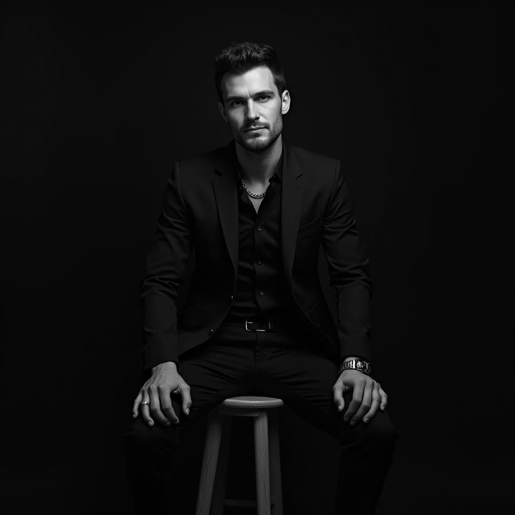 Dramatic Black and White Portrait of Confident Man